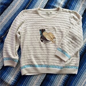 Vintage Cabelas cotton embroidered cowboy hat & boots cream knit sweater - 2XL